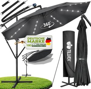 Tillvex hliníkový konzolový slnečník antracitový LED solárny Ø 350 cm s kľukou | slnečník s vypínačom | záhradný slnečník UV ochrana hliník | slnečník na kľuku so stojanom trhový slnečník vodotesný