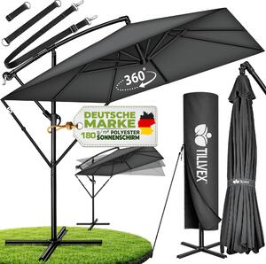 Tillvex® Obdĺžnikový hliníkový slnečník Ø 330 cm antracit + kryt s kľukou | Štvorcový konzolový slnečník so stojanom a vetrovkou | Hliníkový záhradný slnečník s UV ochranou | Slnečník s kľukou Vodotesný slnečník otočný o 360°