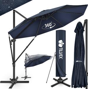 Tillvex® Premium hliníkový slnečník 330 cm námornícka modrá + kryt a ochrana proti vetru | konzolový slnečník 6-polohový nastaviteľný s kľukou | záhradný slnečník otočný o 360° naklápací | slnečník s kľukou UV50+ veľký vodotesný