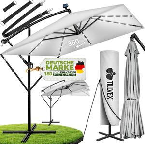 Tillvex® Hliníkový slnečník obdĺžnikový Ø 330 cm s LED Solar Grey + kryt s kľukou | konzolový slnečník so stojanom a vetrovkou | záhradný slnečník s UV ochranou, vodotesný, otočný o 360° | slnečník s kľukou na trhu