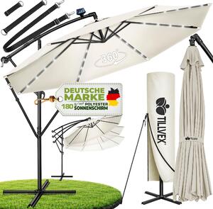 Tillvex Alu Ampelschirm Beige LED Solar Ø 300 cm mit Kurbel | Slnečník s vypínačom | Záhradný slnečník hliníkový s UV ochranou | Korbový slnečník so stojanom Trhový slnečník vodotesný