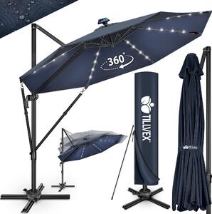 Tillvex® Premium hliníkový slnečník 330 cm námornícka modrá + kryt a ochrana proti vetru | konzolový slnečník 6-polohový nastaviteľný s kľukou | záhradný slnečník otočný o 360° naklápací | slnečník s kľukou UV50+ veľký vodotesný