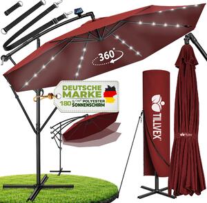 Tillvex Alu Ampelschirm Rot LED Solar Ø 300 cm mit Kurbel | Slnečník s vypínačom | Záhradný slnečník hliníkový s UV ochranou | Korbový slnečník so stojanom Trhový slnečník vodotesný