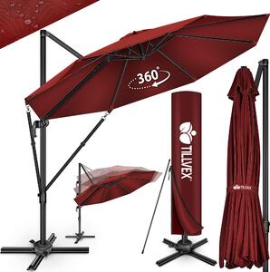 Tillvex® Premium hliníkový slnečník 330 cm červený + kryt a ochrana proti vetru | konzolový slnečník 6-násobne nastaviteľný s kľukou | záhradný slnečník otočný o 360° naklápací | slnečník s kľukou UV50+ veľký vodotesný