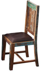OLDTIME Stolička s kožou, hnedá, šesťset, lakované staré drevo