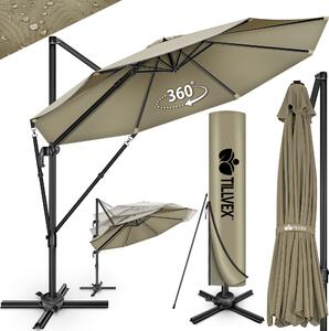 Tillvex® Premium hliníkový slnečník 330 cm hnedý + kryt a ochrana proti vetru | konzolový slnečník 6-násobne nastaviteľný s kľukou | záhradný slnečník otočný o 360° naklápací | slnečník s kľukou UV50+ veľký vodotesný