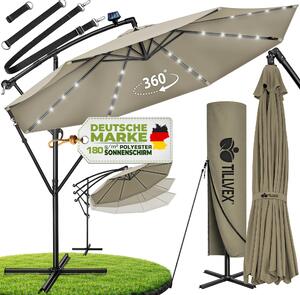 Tillvex hliníkový konzolový slnečník hnedý LED solárny Ø 350 cm s kľukou | slnečník s vypínačom | záhradný slnečník UV ochrana hliník | slnečník na kľuku so stojanom trhový slnečník vodotesný