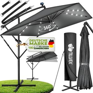 Tillvex® Hliníkový slnečník obdĺžnikový Ø 330 cm s LED solárnou antracitovou farbou + kryt s kľukou | konzolový slnečník so stojanom a vetrovkou | záhradný slnečník s UV ochranou, vodotesný, otočný o 360° | slnečník s kľukou na trhu
