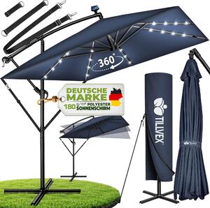 Tillvex® Hliníkový slnečník obdĺžnikový Ø 330 cm s LED solárnym osvetlením námornícka modrá + kryt s kľukou | konzolový slnečník so stojanom a vetrovkou | záhradný slnečník s UV ochranou, vodotesný, otočný o 360° | slnečník na kľuku na trhu