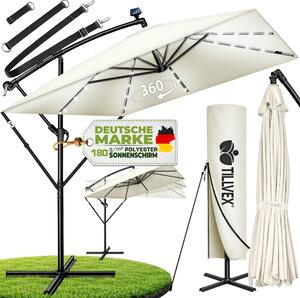 Tillvex® Hliníkový slnečník obdĺžnikový Ø 330 cm s LED Solar Beige + kryt s kľukou | konzolový slnečník so stojanom a vetrovkou | záhradný slnečník s UV ochranou, vodotesný, otočný o 360° | slnečník s kľukou na trhu