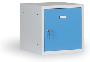 Šatníková skrinka s uzamykateľným boxom 300 x 300 x 300 mm, cylindrický zámok, modré dvere