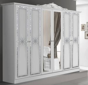 Bielo strieborná spálňa LAISA - 6 dverová skriňa, Posteľ 160x200 cm