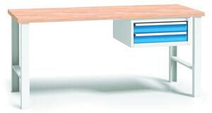Pracovný stôl do dielne WL so závesným boxom na náradie, buková škárovka, 2 zásuvky, pevné kovové nohy, 1500 mm