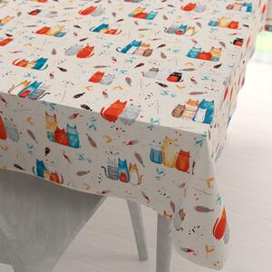 Biante Detský bavlnený obdĺžnikový obrus Sandra SA-655 Mačací svet modro-červený na krémovom 50x100 cm
