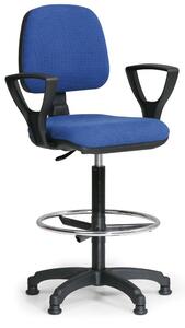 Zvýšená látková pracovná stolička MILANO s podpierkami rúk, opierka nôh, klzáky, modrá