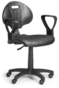 Pracovná stolička na kolieskach PUR s podpierkami rúk, permanentný kontakt, pre mäkké podlahy