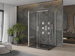 Mexen Omega, 3-stenový sprchovací kút s posuvnými dverami 110 (dvere) x 90 (stena) x 190 cm, 8mm číre sklo, chrómový profil + čierna sprchová vanička SLIM, 825-110-090-01-00-3S-4070