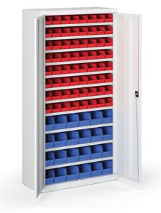 Skriňa s plastovými boxami BASIC - 1800 x 400 x 920 mm, 64xA/24xB, sivá/modré dvere