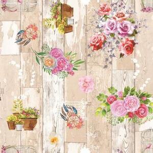 Obrus PVC 3581346, metráž, 20 m x 140 cm, drevené dosky hnedé s ružami, IMPOL TRADE
