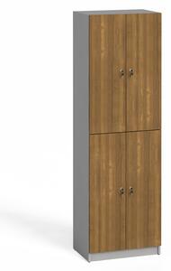 Drevená šatňová skrinka, 4 dvere, cylindrický zámok, sivá / orech