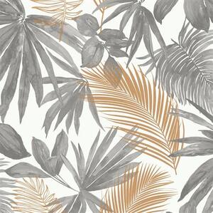 Vliesové tapety na stenu IMPOL Jungle Fever JF3601, palmové listy zlato-sivé, rozmer 10,05 m x 0,53 m, GRANDECO