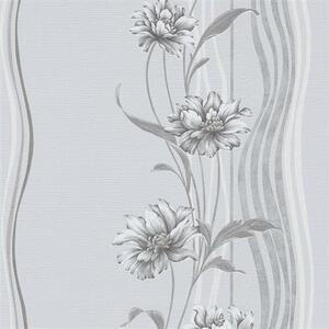 Vliesové tapety na stenu Natalia 10055-10, rozmer 10,05 m x 0,53 m, kvety sivé na podklade s vlnovkami, Erismann