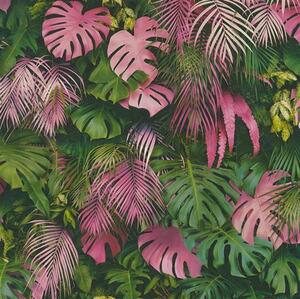 Vliesové tapety na stenu Greenery 37280-1, rozmer 10,05 m x 0,53 m, palmové listy a listy Monstera ružovo-zelené, A.S. Création