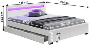 KONDELA Manželská posteľ, RGB LED osvetlenie, biela ekokoža, 180x200, CLARETA