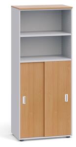 Kancelárska skriňa, zasúvacie dvere na 3 poschodia, 1781x800x420 mm, sivá / buk