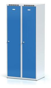 Kovová šatníková skrinka s medzistenou, 2-dverová, sivé dvere, cylindrický zámok