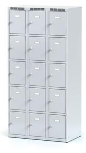 Šatníková skrinka s úložnými boxami, 15 boxov, 1800 x 900 x 500 mm, cylindrický zámok, sivé dvere