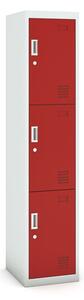 Šatníková skrinka s úložnými boxami, 3 boxy, 1800 x 380 x 450 mm, cylindrický zámok, sivá/červená