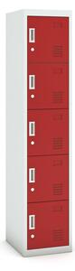 Šatníková skrinka s úložnými boxami, 5 boxov, 1800 x 380 x 450 mm, cylindrický zámok, sivá/červená