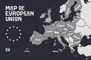 Tapeta čiernobiela mapa s názvami krajín EÚ