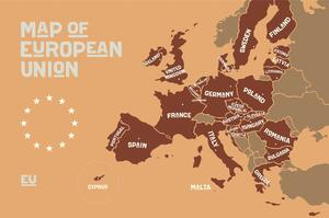 Tapeta hnedá mapa s názvami krajín EÚ - 150x100