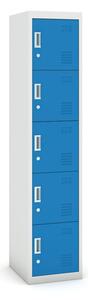 Šatníková skrinka s úložnými boxami, päťdverová, cylindrický zámok, 1800 x 380 x 450 mm, sivá/modrá