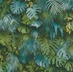 Vliesové tapety na stenu Greenery 37280-3, rozmer 10,05 m x 0,53 m, palmové listy a listy Monstera modro-zelené, A.S. Création