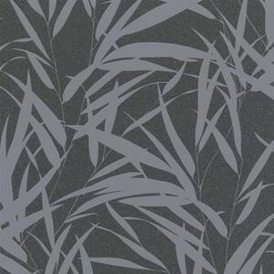 Vliesové tapety na stenu Ella 6753-20, bambusové listy strieborné na sivé textilne štruktúre, rozmer 10,05 m x 0,53 m, Marburg