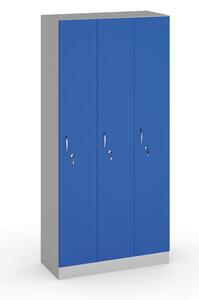 Drevená šatňová skrinka, 3 dvere, 1900 x 900 x 420 mm, sivá/modrá