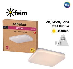 RABALUX 77137 Lowar vonkajšie stropné svietidlo so senzorom 285x285mm LED 18W/1150lm 3000K IP44 biela