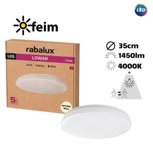 RABALUX 77140 Lowar vonkajšie stropné svietidlo so senzorom D350mm LED 24W/1450lm 4000K IP44 biela
