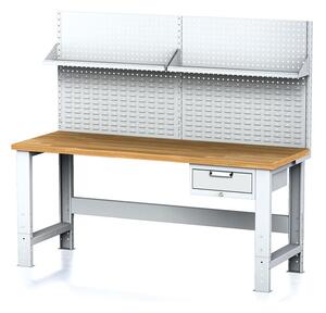 Alfa 3 Dielenský stôl MECHANIC s nadstavbou a policou, 2000x700x700-1055 mm, nastaviteľné podnožie, 1x 1 zásuvkový kontejner, sivý/sivý
