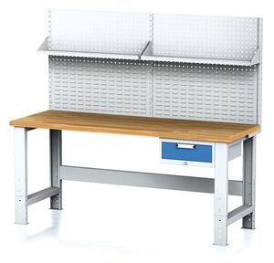 Alfa 3 Dielenský stôl MECHANIC s nadstavbou a policou, 2000x700x700-1055 mm, nastaviteľné podnožie, 1x 1 zásuvkový kontejner, sivý/modrý