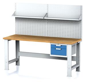 Alfa 3 Dielenský stôl MECHANIC s nadstavbou a policou, 2000x700x700-1055 mm, nastaviteľné podnožie, 1x 2 zásuvkový kontejner, sivý/modrý