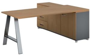 Kancelársky pracovný stôl PRIMO STUDIO so skrinkou vľavo, doska 1800x800 mm, sivá / buk