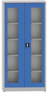Zváraná policová skriňa s presklenými dverami, 1950 x 950 x 600 mm, sivá/modrá