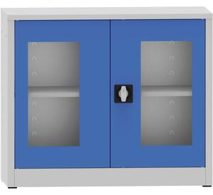 Zváraná policová skriňa s presklenými dverami, 800 x 950 x 500 mm, sivá/modrá