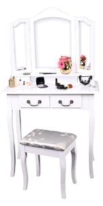 Toaletný stolík s taburetom, biela/strieborná, REGINA NEW