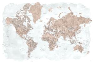 Mapa Neutrals and muted blue watercolor world map with cities, Calista, Blursbyai, (40 x 26.7 cm)