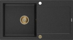 Mexen Leo, drez granitový 900x500x190 mm, 1-komorový, čierna-strieborná metalíza so zlatým sifónom, 6501901010-73-G